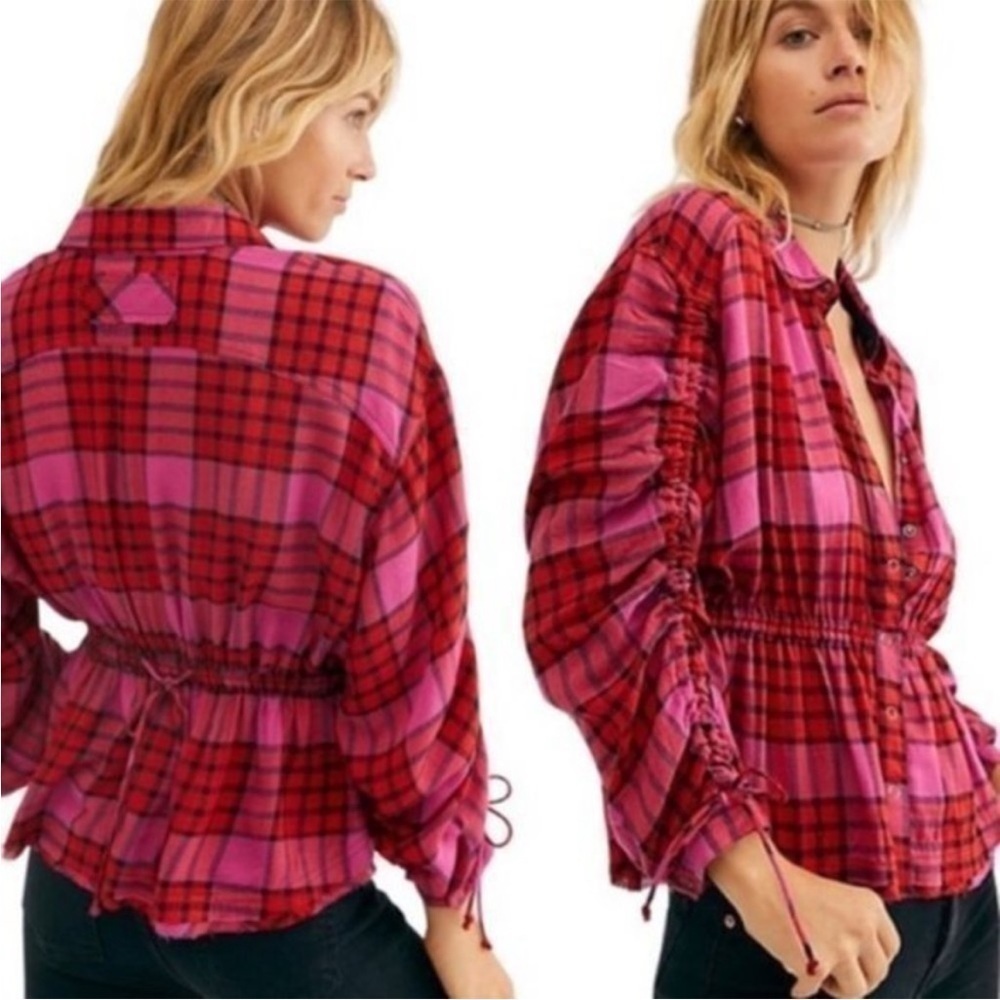Free People | Pacific Dawn Button Down Tie Plaid Top NWT Size Small